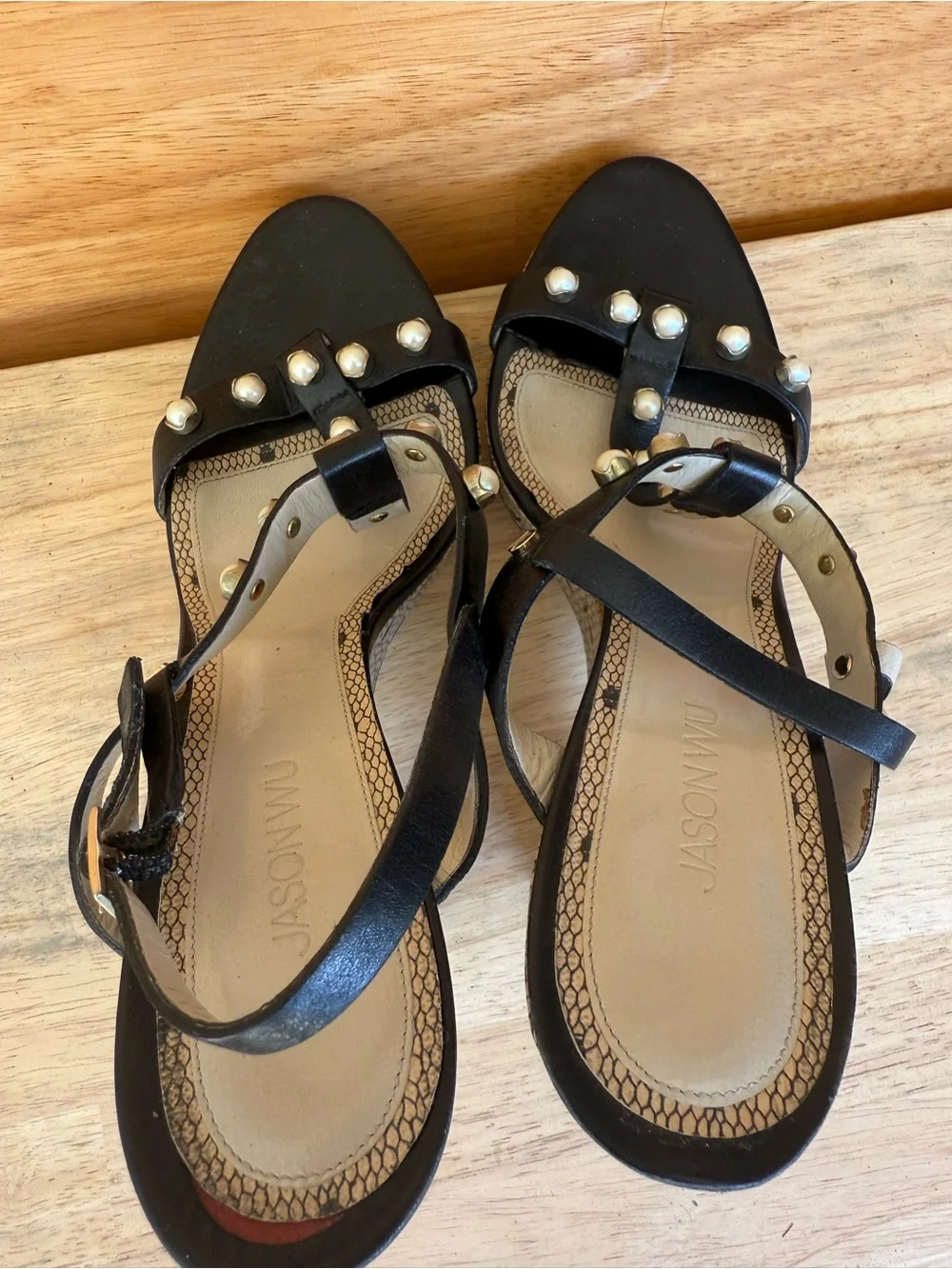 Jason Wu Pearl Stud Wedge Sandals Black Leather Slingback Heels Size 40